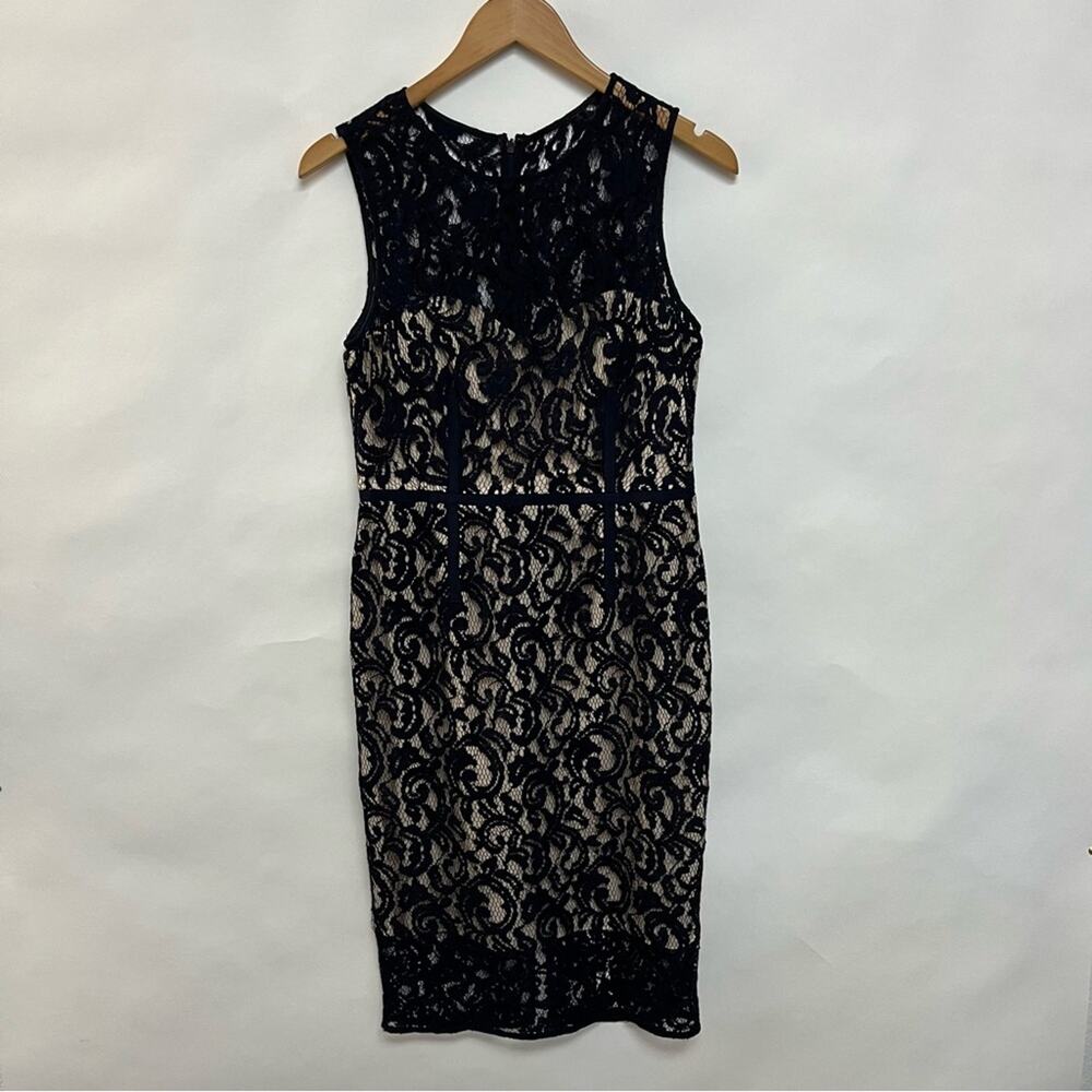 Vince Camuto Navy Blue Lace Dress Sleeveless Sheath Knee Length Cocktail 8 $158 - Picture 2 of 7